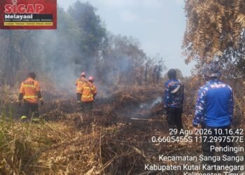 Petugas gabungan melakukan upaya pemadaman kebakaran lahan di Desa Santan Ilir, Kecamatan Marangkayu, Kabupaten Kutai Kartanegara, Provinsi Kalimantan Timur pada Rabu (26/8). (Foto: BPBD Kab. Kutai Kartanegara)