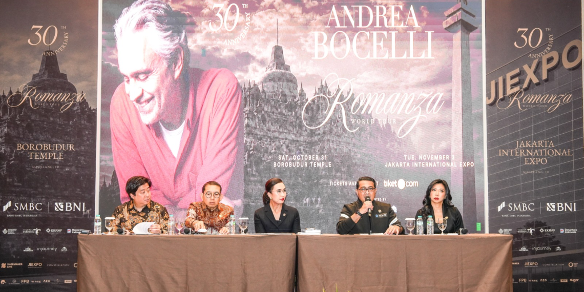 Menteri Ekonomi Kreatif/Kepala Badan Ekonomi Kreatif (Ekraf), Teuku Riefky Harsya, menghadiri Presscon Konser Andrea Bocelli: Romanza 30th Anniversary in Indonesia yang berlangsung di Junior Ballroom, JIExpo Convention Center, Kemayoran, Jakarta, Rabu (19/8/2026).(Foto: Dok. Biro Komunikasi Kementerian Ekonomi Kreatif/Badan Ekonomi Kreatif.)