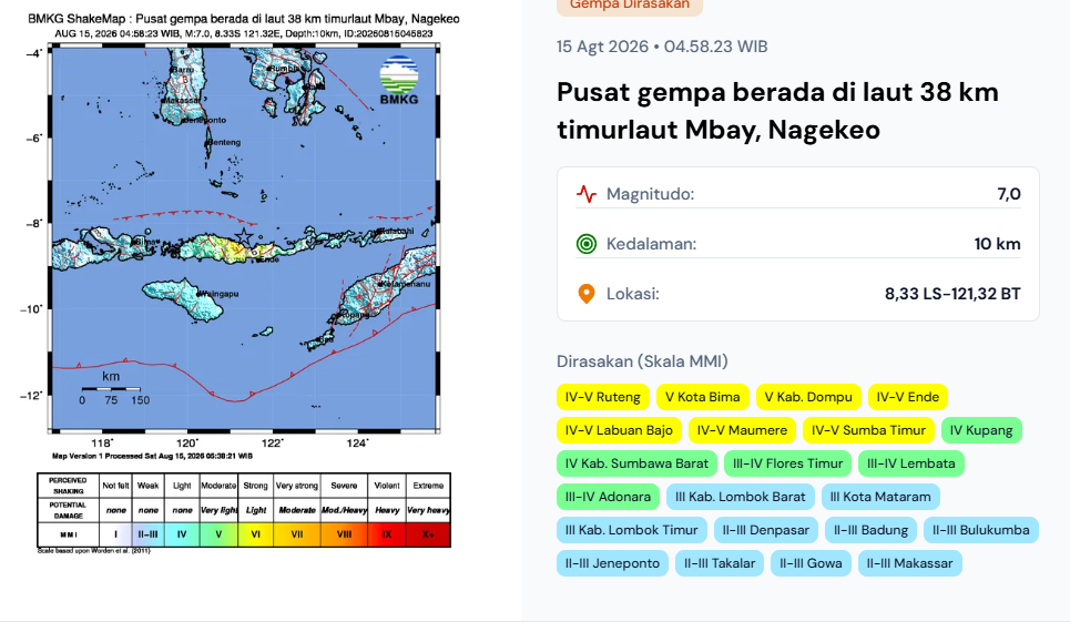 Gempa NTT Sabtu 15 Agustus 2026.(Image: BMKG)