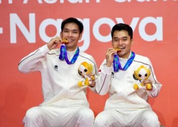 Indonesia sukses meraih medali emas ketiga pada Asian Games Aichi-Nagoya 2026 dari pasangan bulu tangkis ganda putra Leo Rolly Carnando/Daniel Marthin. (foto:Gilang/kemenpora.go.id)