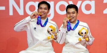 Indonesia sukses meraih medali emas ketiga pada Asian Games Aichi-Nagoya 2026 dari pasangan bulu tangkis ganda putra Leo Rolly Carnando/Daniel Marthin. (foto:Gilang/kemenpora.go.id)