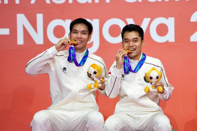Indonesia sukses meraih medali emas ketiga pada Asian Games Aichi-Nagoya 2026 dari pasangan bulu tangkis ganda putra Leo Rolly Carnando/Daniel Marthin. (foto:Gilang/kemenpora.go.id)