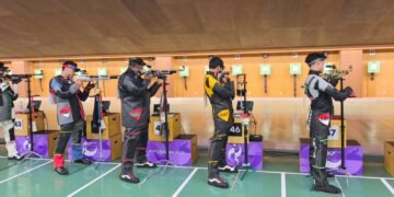 Indonesia menambah perolehan medali pada Asian Games Aichi-Nagoya 2026 melalui cabang olahraga menembak nomor 10 meter pistol beregu putra. Pertandingan berlangsung di Aichi Pref. General Shooting Gallery (dok.NOCI Via Kemenpora)