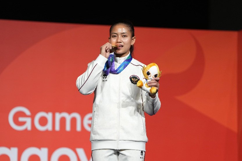 Indonesia kembali menambah pundi medali emas Asian Games Aichi-Nagoya 2026. Kali ini diukir atlet panjat tebing putri Desak Made Rita Kusuma dengan catatan waktu 6,062 detik.(foto:Gilang/kemenpora.go.id)