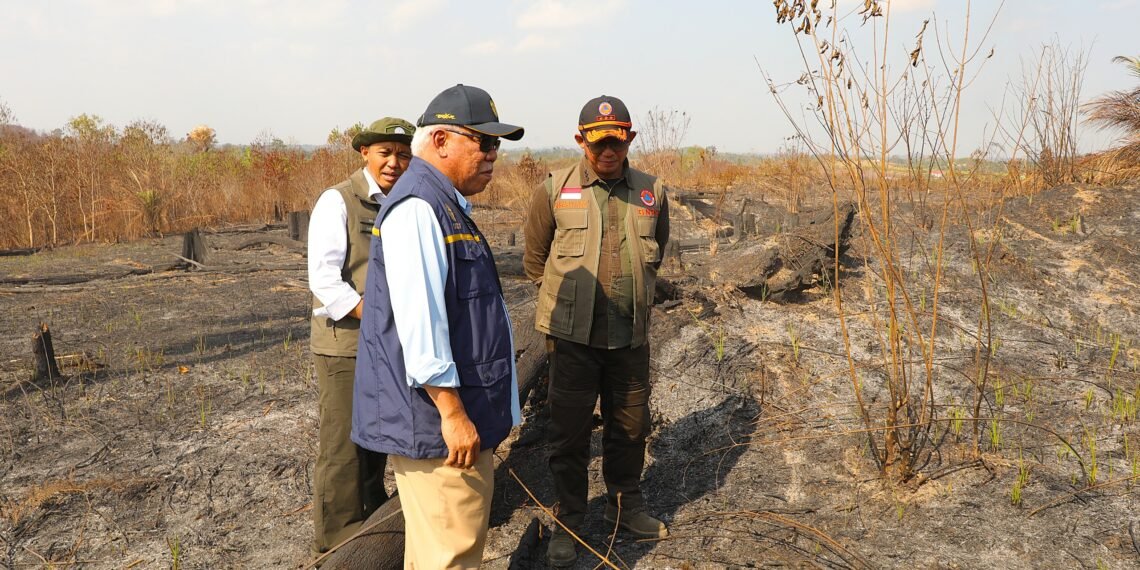 Kepala BNPB Letjen TNI Dr Suharyanto S.Sos., M.M , Menteri Kehutanan RI Raja Juli Antoni dan Kepala Otorita Ibukota Nusantara (OIKN) Basuki Hadimuljono saat meninjau langsung dan memberikan dukungan penuh kepada Satgas Darat di wilayah terdampak karhutla Bukit Tengkorak, Kecamatan Sepaku, Kabupaten Penajam Paser Utara, Provinsi Kalimantan Timur (14/9) (Foto: Bidang Komunikasi Kebencanaan/Beratria Sukisno)