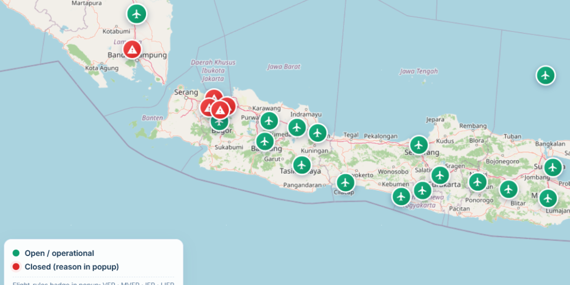 Peta bandara yang ditutup sementara akibat erupsi Gunung Anak Krakatau, berdasarkan pantauan cuaca di bandara Indonesia oleh BMKG.(Image: BMKG, diambil Minggu 6 September pukul 13.00 WIB)