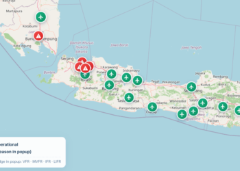 Peta bandara yang ditutup sementara akibat erupsi Gunung Anak Krakatau, berdasarkan pantauan cuaca di bandara Indonesia oleh BMKG.(Image: BMKG, diambil Minggu 6 September pukul 13.00 WIB)