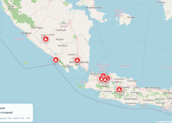 Erupsi Gunung Anak Krakatau (GAK) di Selat Sunda, Kabupaten Lampung Selatan, Provinsi Lampung, menebarkan debu vulkanik terutama ke arah timur dan barat sehingga menyebabkan pada Minggu 6 September sebanyak 8 bandara atau landasan udara tutup, termasuk Bandara Internasional Husein Sastranegara.(Image: BMKG Diambil 6/9/2026 Pukul 17.00 WIB)