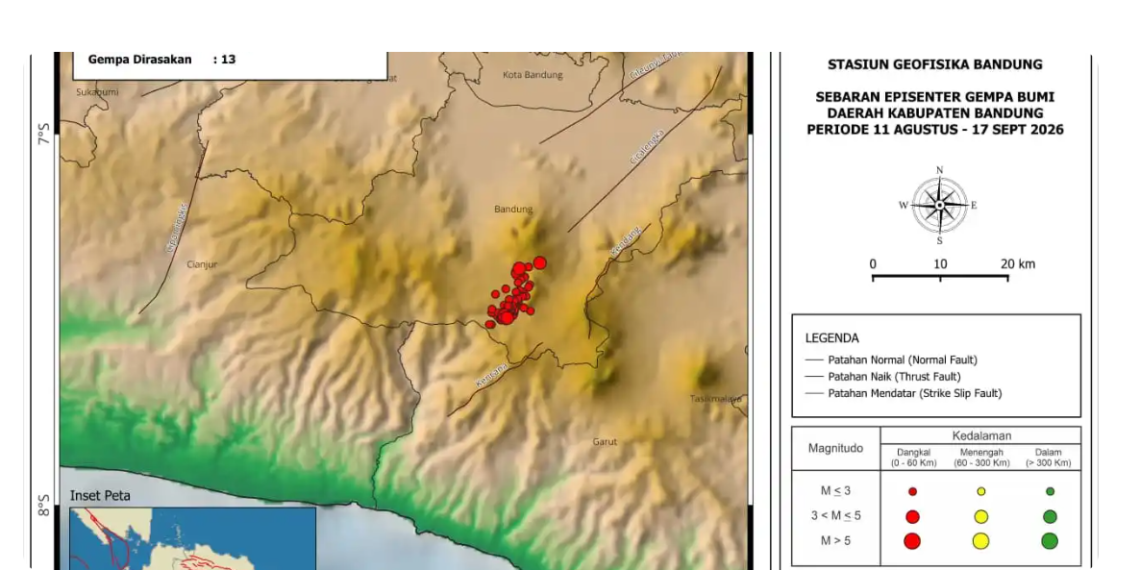 Rangkaian gempa bumi yang terjadi di wilayah Kabupaten Bandung, tanggal 11 Agustus-17 September 2026.(Image: BMKG)