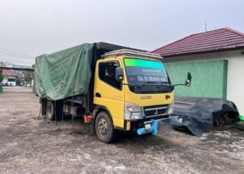 Sebuah truk bermuatan kayu olahan jenis ulin dan meranti di Jalan Trans-Kalimantan, Desa Subah, Kecamatan Tayan Hilir, Kabupaten Sanggau, Kalimantan Barat diamanan Penyidik Pegawai Negeri Sipil (PPNS) Kehutanan.(Foto: Humas Kemenhut)