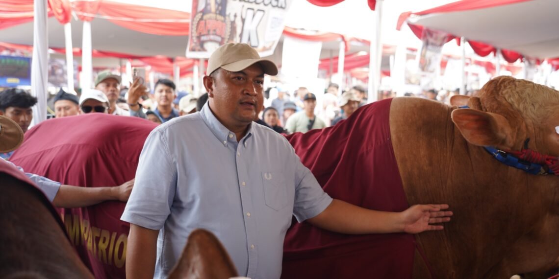 Bupati Bogor Rudy Susmanto menghadiri hari terakhir Kontes Sapi Asosiasi Peternak dan Penggemar Sapi Indonesia (APPSI) Piala Presiden 2026 yang berlangsung di Lapangan Panahan Gelora Pakansari, Kabupaten Bogor, Minggu (4/10/2026).(Foto: Diskominfo Kab. Bogor)