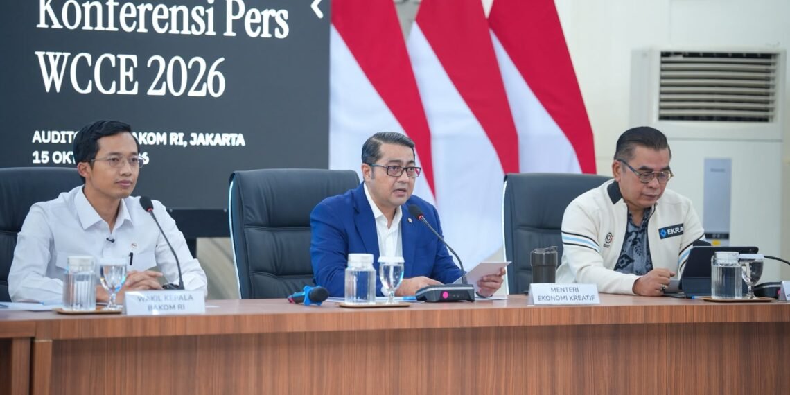 Menteri Ekonomi Kreatif/Kepala Badan Ekonomi Kreatif (Ekraf), Teuku Riefky Harsya menghadiri konferensi pers World Conference on Creative Economy (WCCE) 2026 di Kantor Badan Komunikasi Pemerintah (Bakom) RI, Jakarta, Kamis (15/10/2016).(Foto: Dok. Biro Komunikasi Kementerian Ekraf/Badan Ekraf)